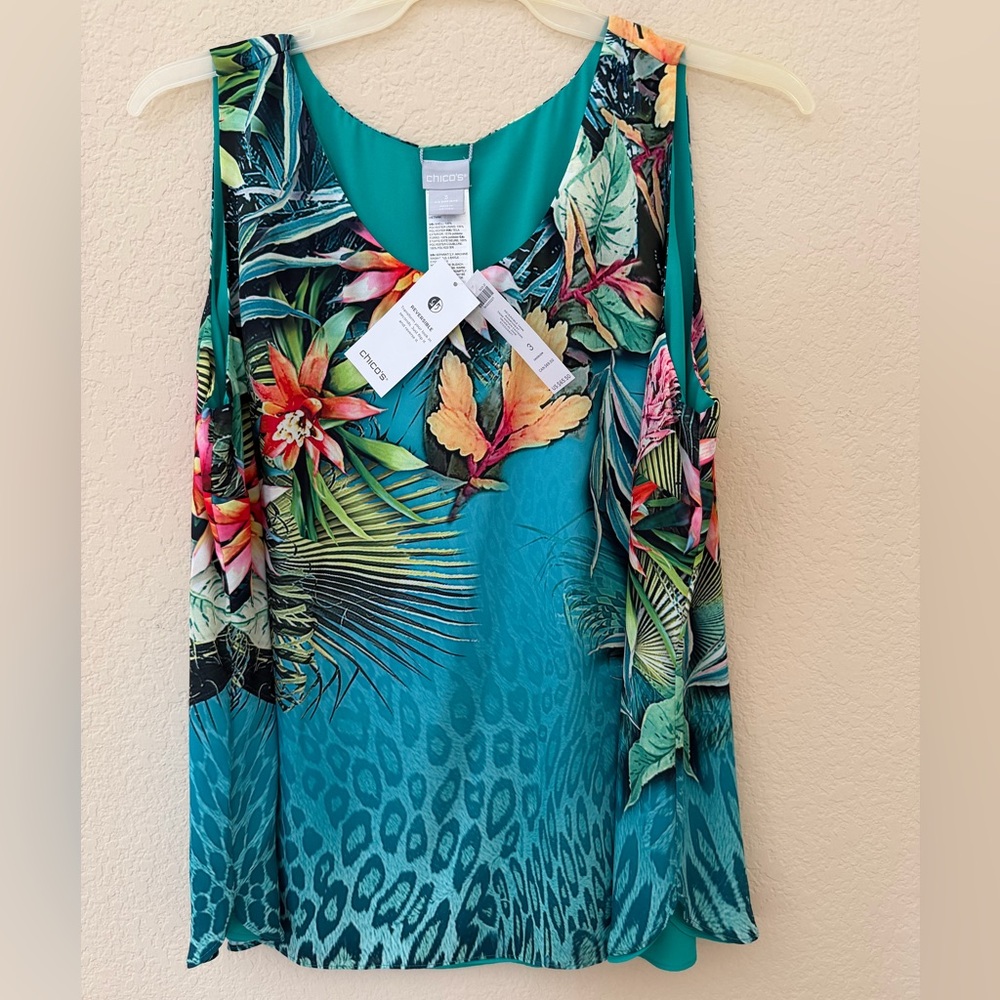 Chico's Teal Tropical Floral Sleeveless Tank